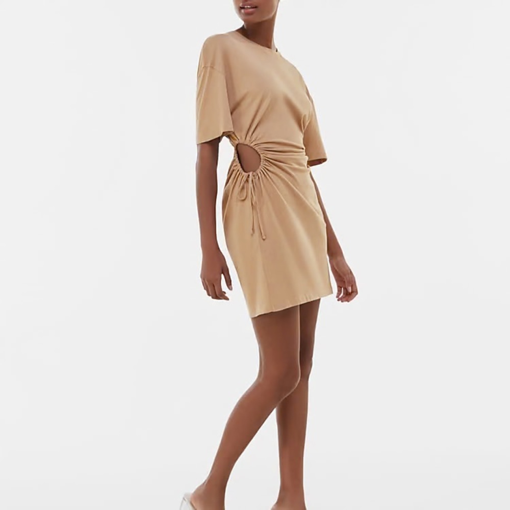 Bershka side cut out t-shirt dress in camel